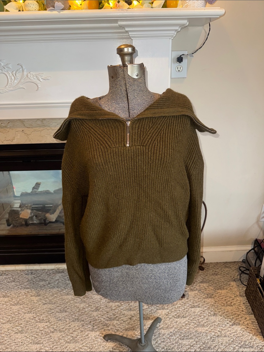 H&M Olive Green Half-Zip Cowl Sweater
